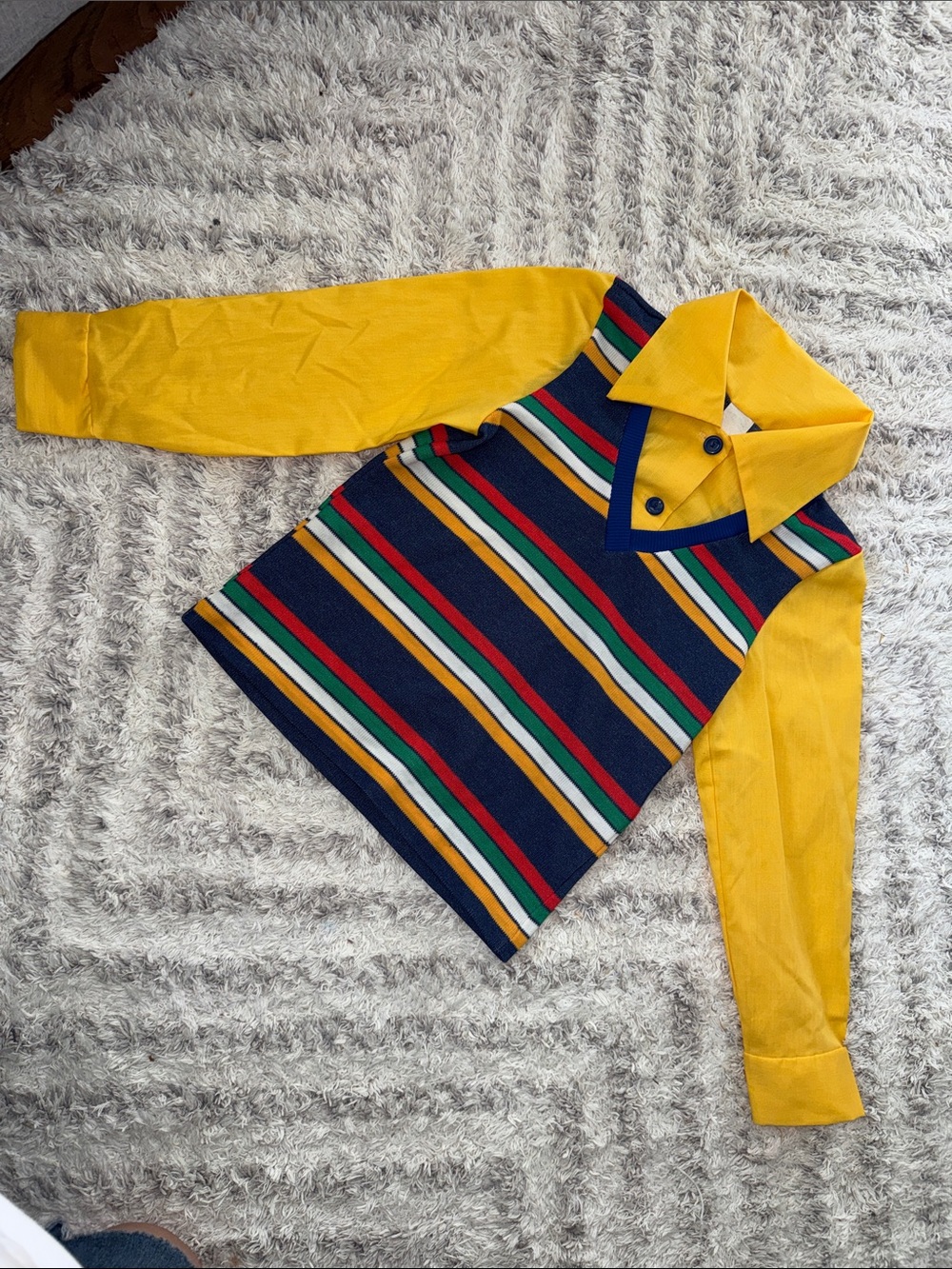Size 7 boys vintage Long-Sleeve Polo Shirt with Navy Multi-Stripe Vest Like new